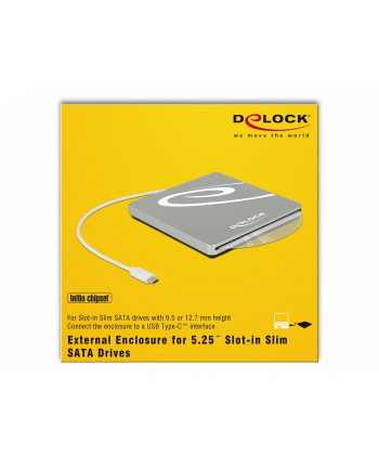 DeLOCK External enclosure for 5.25? Slot-in Slim SATA Drives 9.5 / 12.7 mm to USB Type-C plug, drive enclosure (silver)
