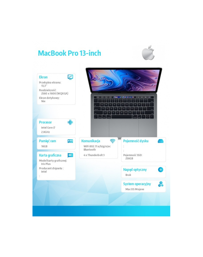 apple MacBook Pro 13 Touch Bar, 2.8GHz quad-core 8th i7/16GB/256GB SSD/Iris Plus Graphics 655 - Space Grey MV962ZE/A/P1/R1 główny