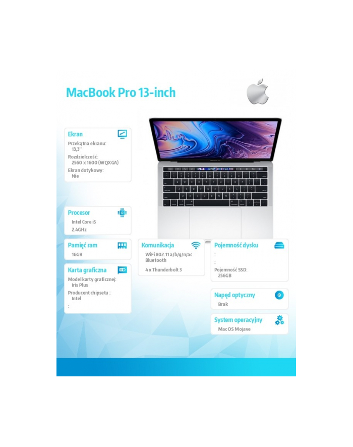apple MacBook Pro 13 Touch Bar, 2.4GHz quad-core 8th i5/16GB/256GB SSD/Iris Plus Graphics 655 - Silver MV992ZE/A/R1 główny