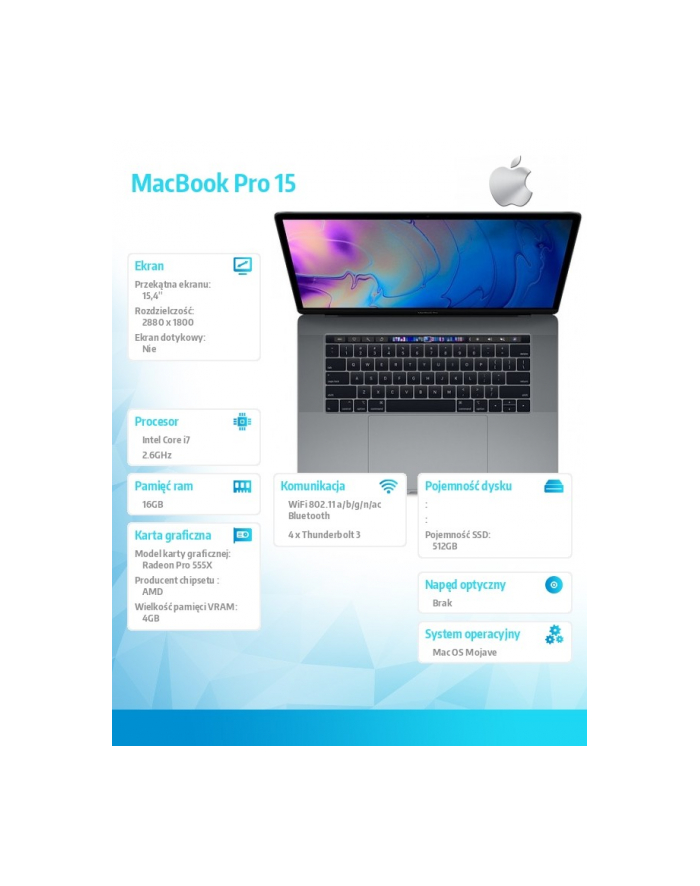 apple MacBook Pro 15 Touch Bar, 2.6GHz 6-core 9th i7/16GB/512GB SSD/RP555X - Space Grey MV902ZE/A/D1 główny