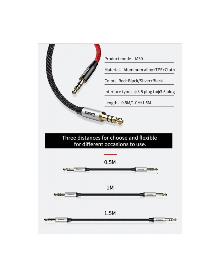 Kabel Baseus CAM30-BS1 (Jack 3 5 mm - Jack 3 5 mm ; 1m; kolor czarno-srebrny) główny