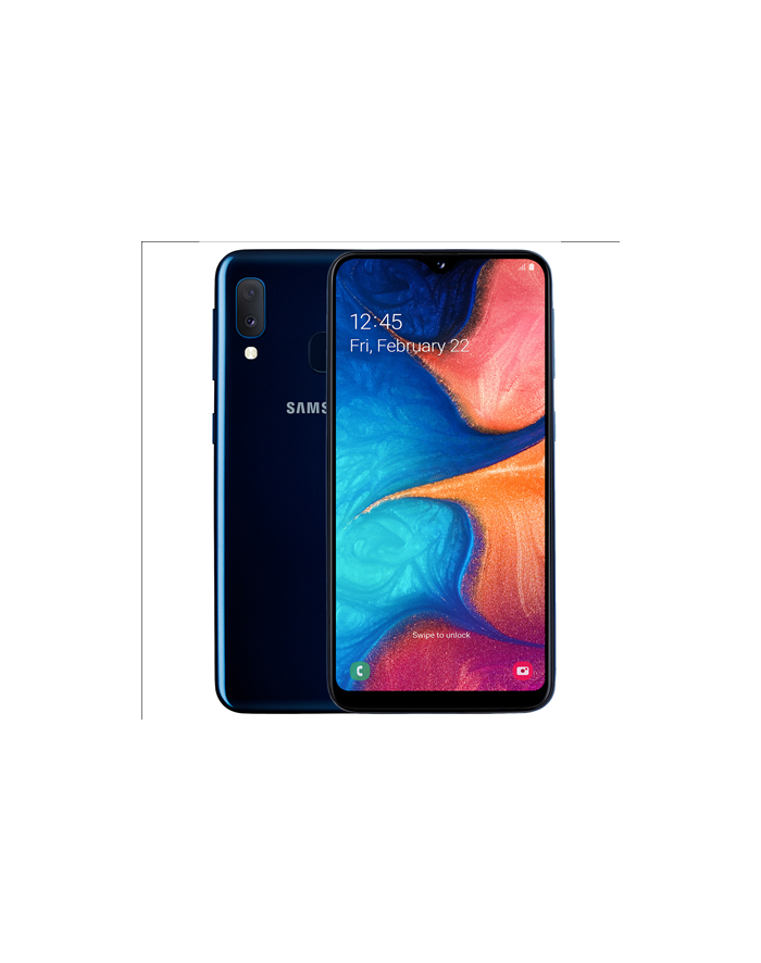 Samsung Galaxy A20e Blue, 5.8 '', PLS TFT, 720 x 1560, Exynos 7884, Internal RAM 3 GB, 32 GB, microSD, Dual SIM, Nano-SIM, 3G, 4G, Main camera Dual 13+5 MP, Secondary camera 8 MP, Android, 9.0, 3000 mAh główny