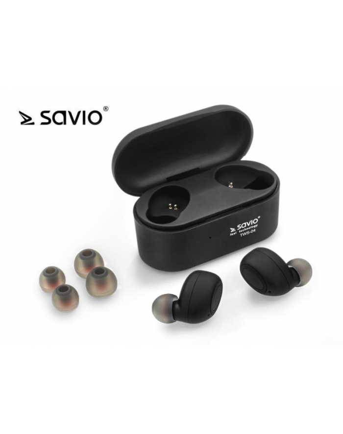 Słuchawki bezprzewodowe SAVIO TWS-04 (bluetooth; bezprzewodowe  Bluetooth; z wbudowanym mikrofonem; kolor czarny główny