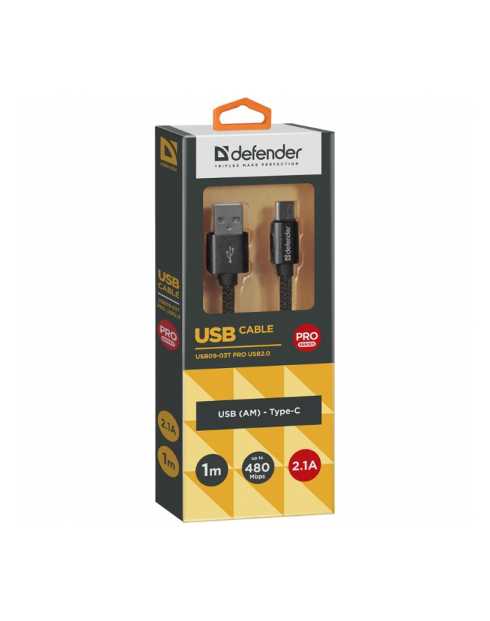 Kabel USB Defender AM-TYPE C 1m 2,1A czarny główny