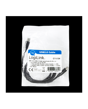 Kabel USB 2.0 LogiLink CU0153 USB-C - USB-C, M/M, czarny, 0,3m