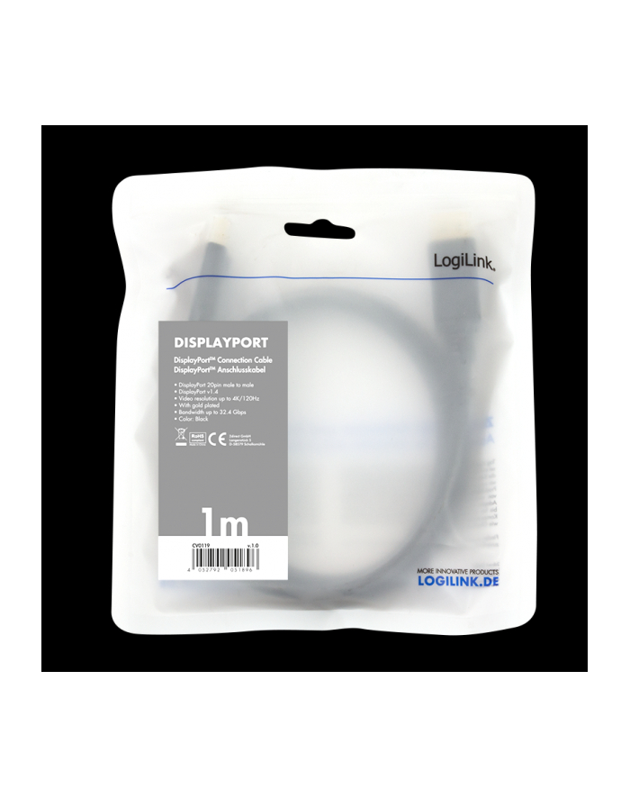 Kabel DisplayPort 1.4 LogiLink CV0119 M/M, 1m główny