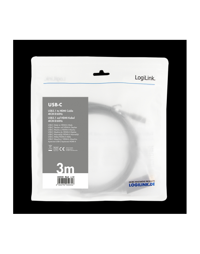 Kabel adapter LogiLink UA0330 USB-C - HDMI 2.0, czarny 3m główny