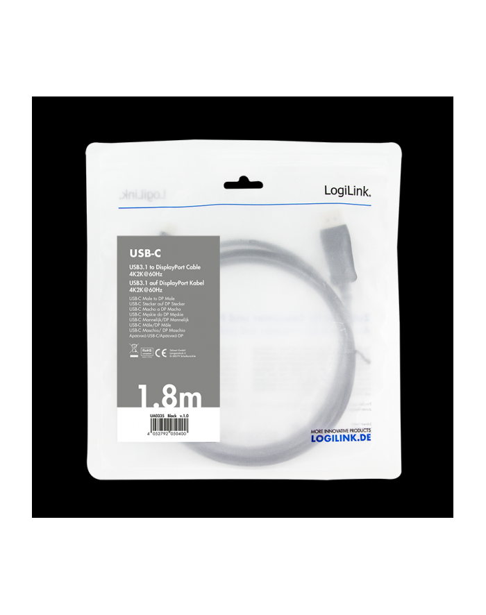 Kabel adapter LogiLink UA0335 USB-C - DisplyPort 1.2, czarny 1,8m główny