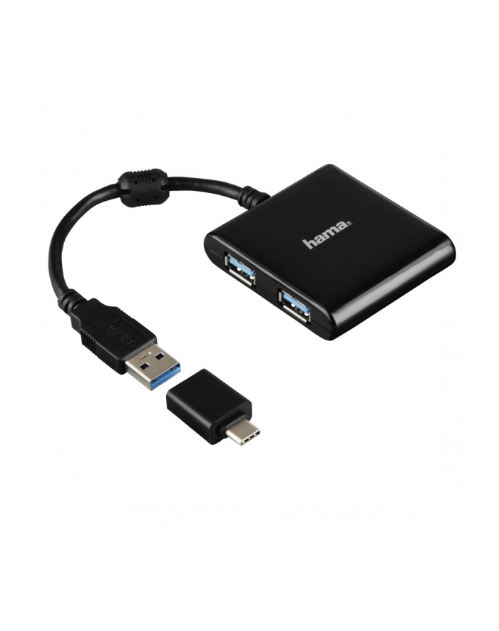 Hub USB 1:4 Hama USB 3.1 + Adapter USB-C, czarny główny