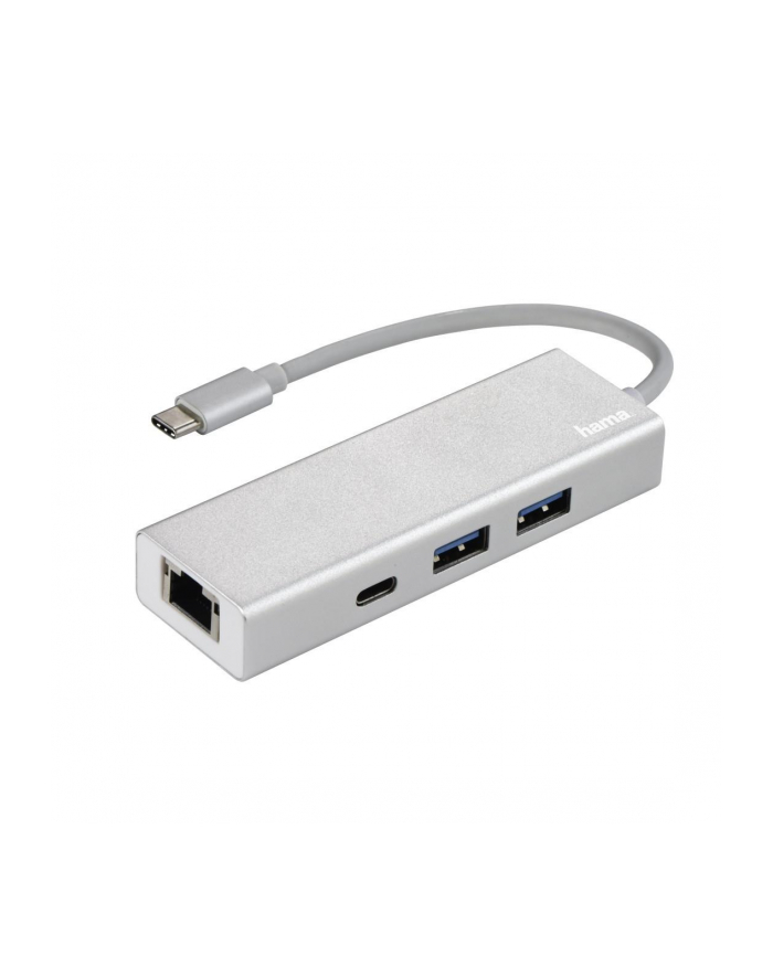 Hub USB 1:3 Hama USB 3.1 TYP-C + Lan ''Aluminium'', Srebrny główny