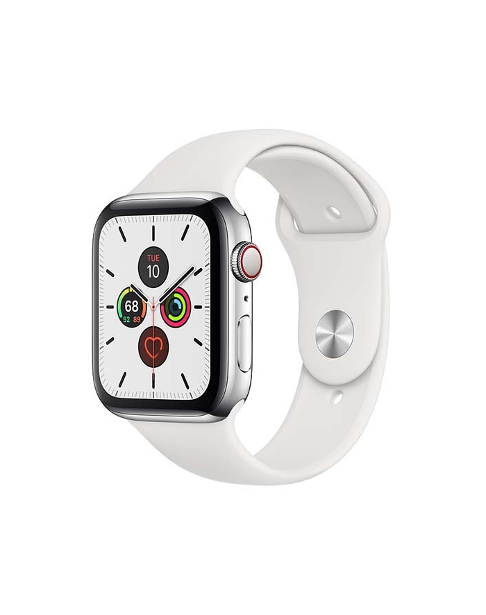 apple Zegarek Series 5 GPS+Cellular, 44mm koperta ze stali nierdzewnej w kolorze srebrnym z paskiem sportowym w kolorze białym - S/M & M/L główny