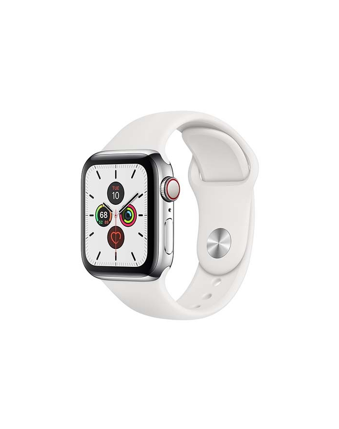 apple Zegarek Series 5 GPS+Cellular, 40mm koperta ze stali nierdzewnej w kolorze srebrnym z paskiem sportowym w kolorze białym - S/M & M/L główny