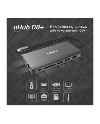unitek HUB 8-w-1 D1019A USB3.1 Typ-C + 2xUSB + HDMI + VGA + GIGA + SD