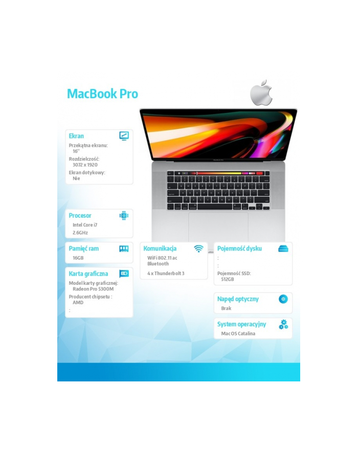 apple MacBook Pro 16.0 2.6G 6C/16GB/5300M/512GB Silver główny