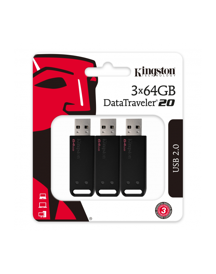 Zestaw pendrivów Kingston DataTraveler 20 3pk DT20/64GB-3P (64GB; USB 2.0; kolor czarny) główny