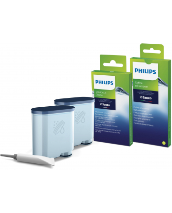Zestaw akcesoriów do czyszczenia ekspresów Philips CA6707/10 (2 wkłady filtra AquaClean  6 saszetek ze środkiem do czyszczenia obiegu mleka  6 tabletek do usuwania oleju kawowego  Smar)