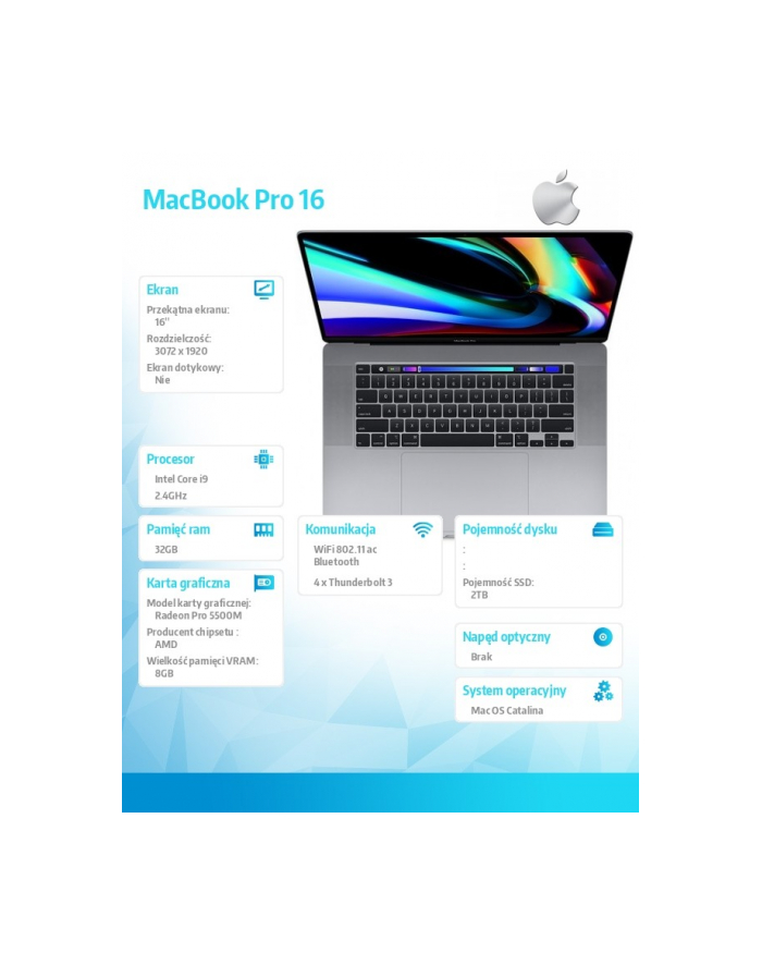 apple MacBook Pro 16 Touch Bar: i9 2,4GHz/32GB/2TB/R5500M - Space Gray MVVK2ZE/A/P1/R1/D1/G1 główny