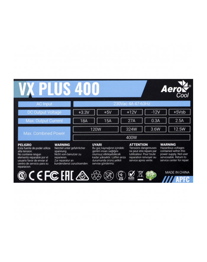 Zasilacz Aerocool PGS VX-400plus AEROPGSVX-400PLUS-80 (400 W; Aktywne) główny