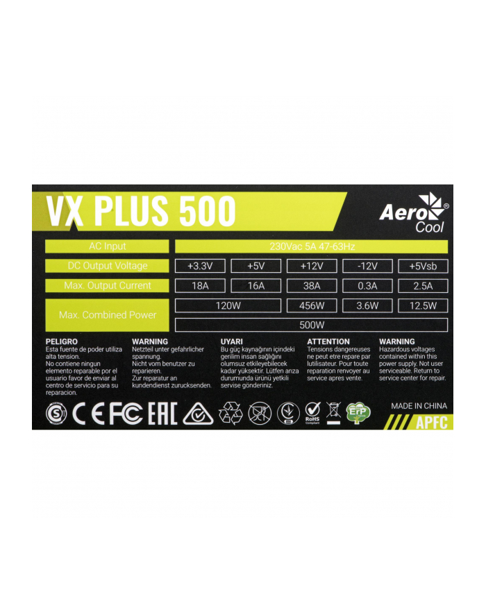 Zasilacz Aerocool PGS VX-500plus AEROPGSVX-500PLUS-80 (500 W; Aktywne) główny
