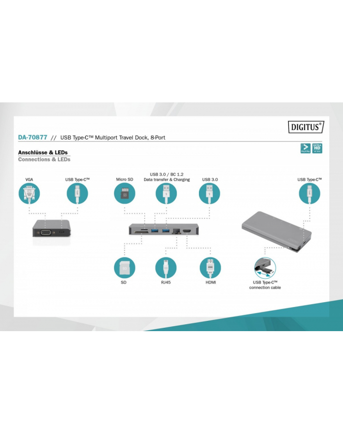 digitus Stacja dokująca USB Typ C, 8 portów, 4K 30Hz, PD 3.0 HQ aluminiowa główny