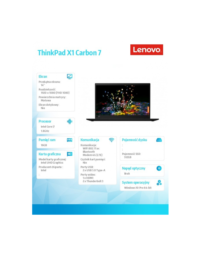 lenovo Ultrabook ThinkPad X1 Carbon7 W10Pro i7-8565U/16GB/512GB/Int/14.0FHD/black/3yrs os główny