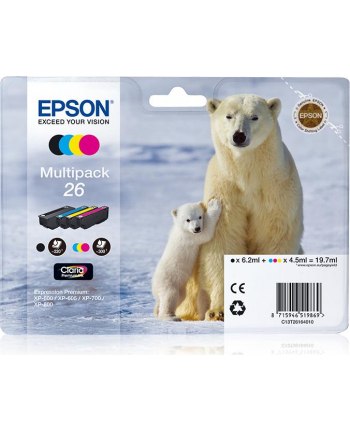 EPSON 26 Series Polar bear multipack containing 4 ink cartridge: black cyan magenta yellow in RS blister pack with RF+AM tags