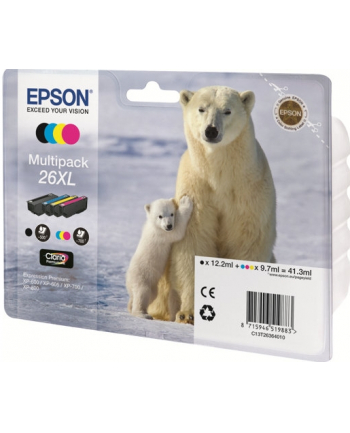 EPSON 26XL Series Polar bear multipack containing 4 ink cartridge: black cyan magenta yellow in RS blister pack with RF+AM tags