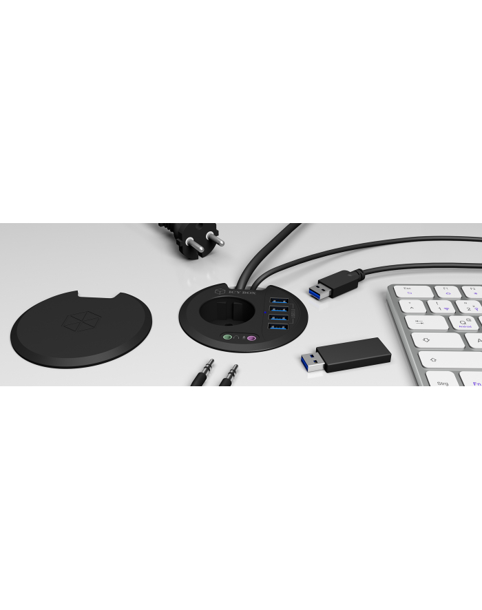 icy box ICYBOX Table Hub 4x USB 3.0 Type-A with Audio in-/output and Schuko Socket CEE 7/3 diameter 80 mm Black główny