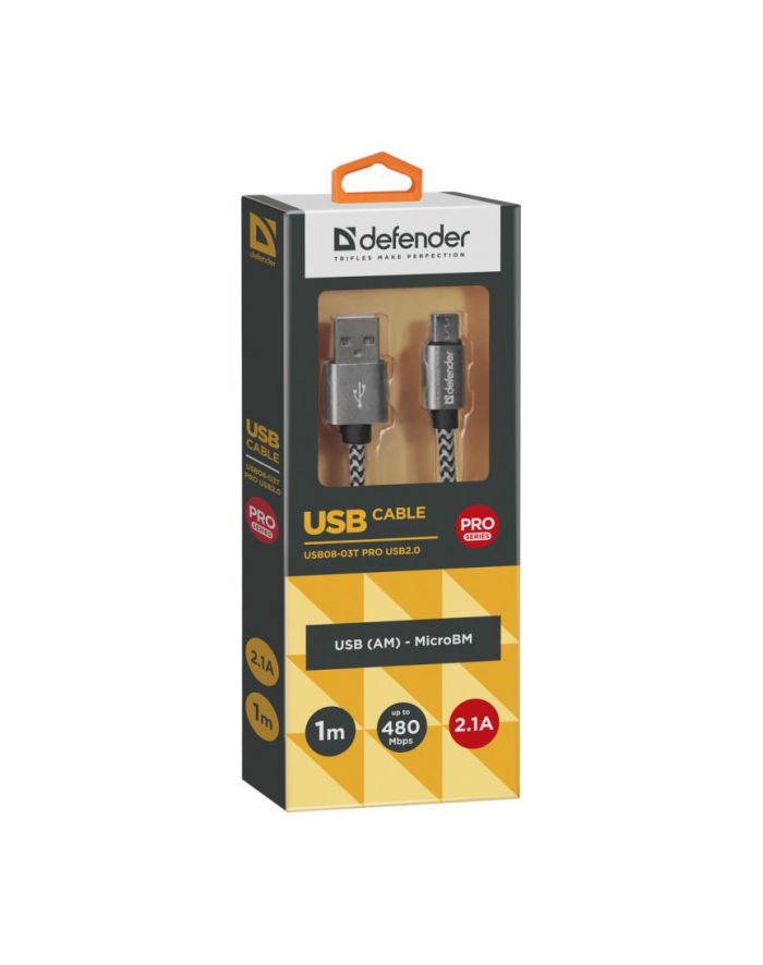 Kabel USB Defender AM-micro BM 1m 2,1A biało-czarny główny