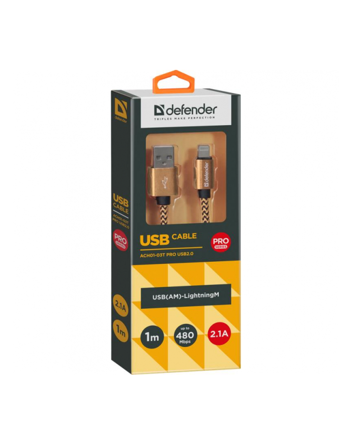 Kabel USB Defender USB-LIGHTNING 1m 2,1A złoty główny