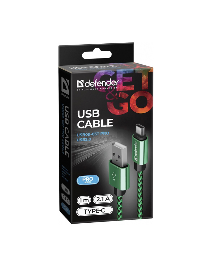 Kabel USB Defender AM-TYPE C 1m 2,1A zielono-czarny główny