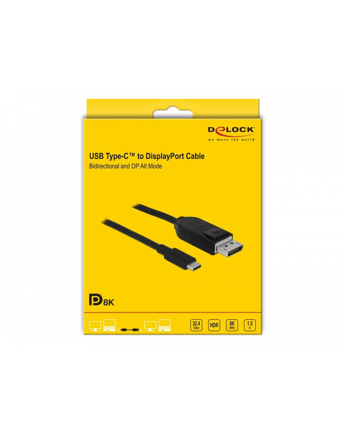 Kabel adapter Delock USB type-C(M) -> DisplayPort(M) 8K 60Hz 1,5m czarny główny