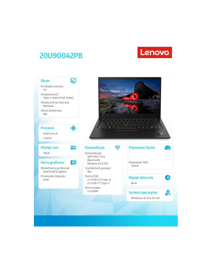 lenovo Ultrabook ThinkPad X1 Carbon 8 20U90042PB W10Pro i5-10210U/16GB/512GB/INT/LTE/14.0 FHD/czarny główny