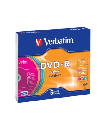 Płytki DVD-R VERBATIM 16x 4.7GB 5P Slim Colour 43557