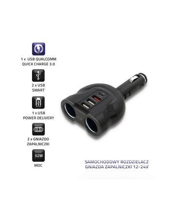 Samochodowy rozdzielacz gniazda zapalniczki 12-24V | 52W | 2.4A |2xUSB | USB QC 3.0 | USB-C PD | 2xgniazdo zapalniczki
