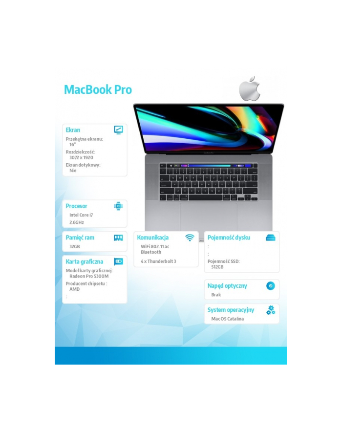 apple MacBook Pro 16 Touch Bar: 2.6GHz i7/32GB/512GB/RP5300M - Space Grey MVVJ2ZE/A/R1 główny