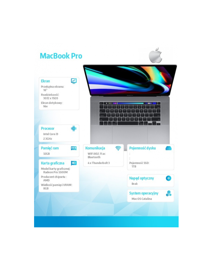 apple MacBook Pro 16 Touch Bar: 2.3GHz i9/32GB/1TB/RP5500M(8GB) - Space Grey MVVK2ZE/A/R1/G1 główny