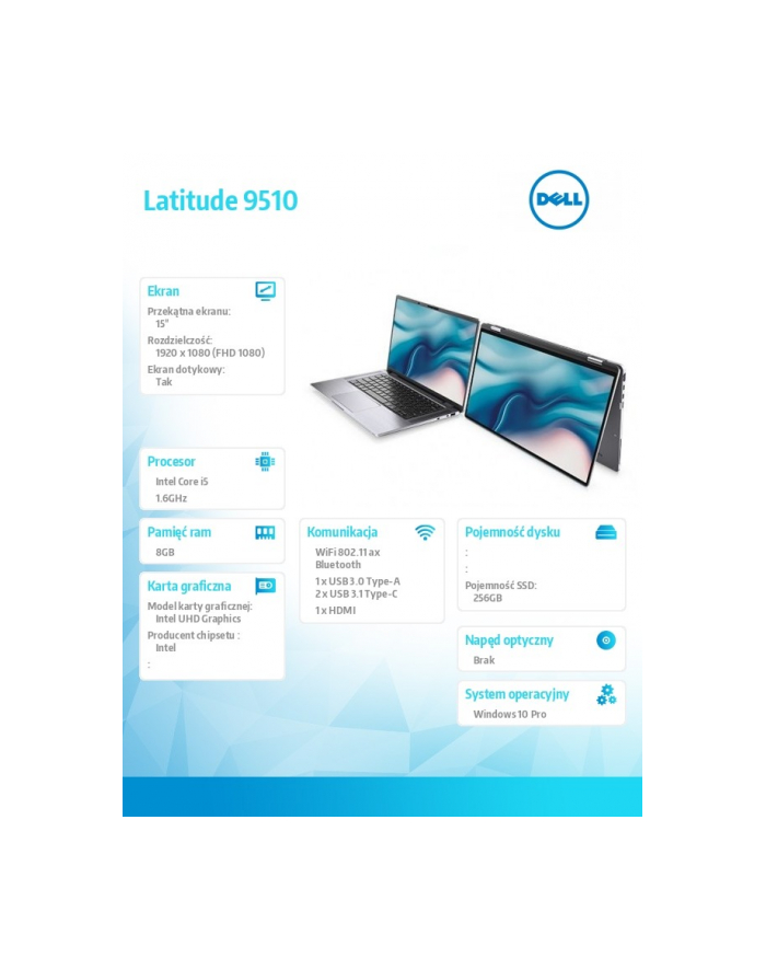 dell Notebook Latitude 9510 i5-10210U/8GB/SSD256GB/2in1 15.0 FHD Touch/UHD/FPR/SCR/Backlit Kb/4 Cell/W10Pro/3Y BWOS główny