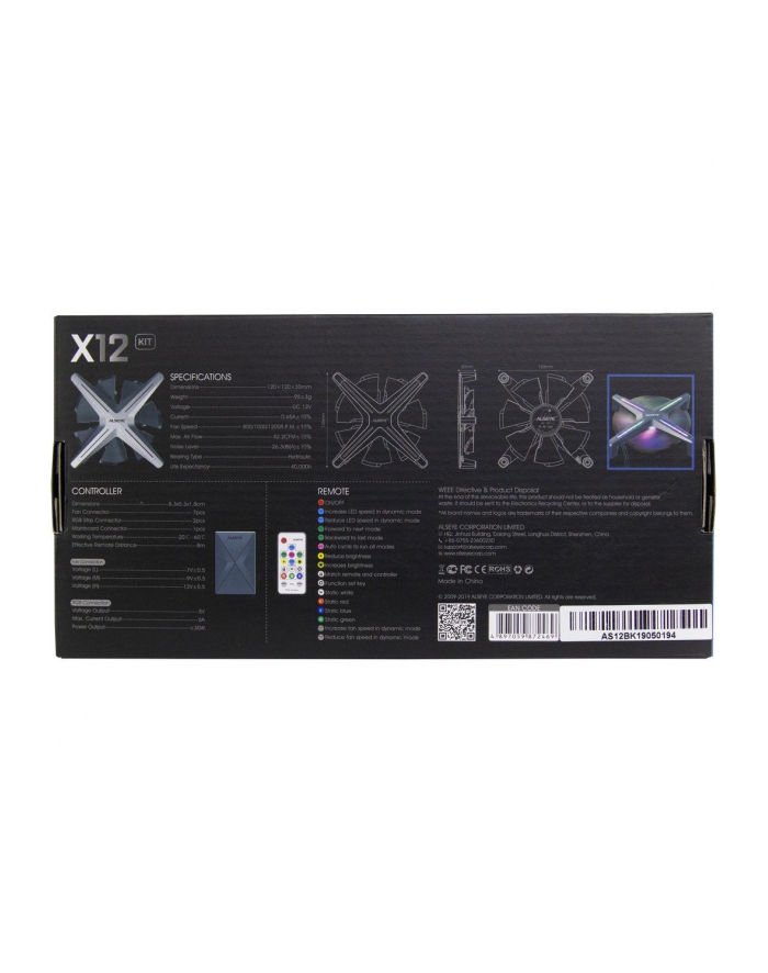 ALSEYE X12 kit 120x120x30 mm case fan (gray, 3-pack, control unit, remote control) główny