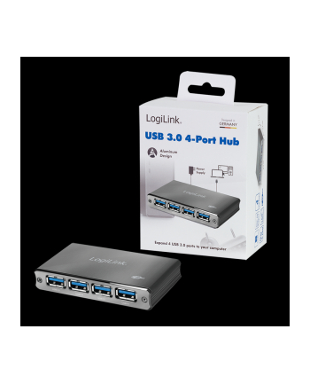 logilink Aluminiowy HUB USB3.0 4-porty, Czarny, Z zasilaczem