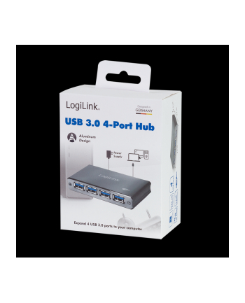 logilink Aluminiowy HUB USB3.0 4-porty, Czarny, Z zasilaczem