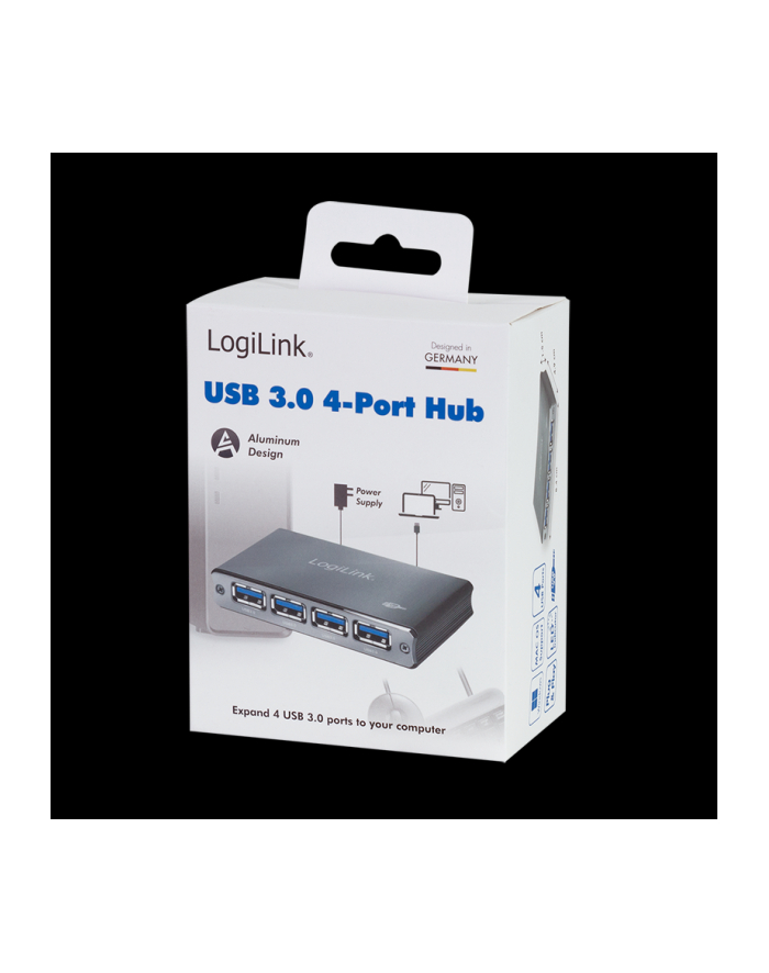 logilink Aluminiowy HUB USB3.0 4-porty, Czarny, Z zasilaczem główny