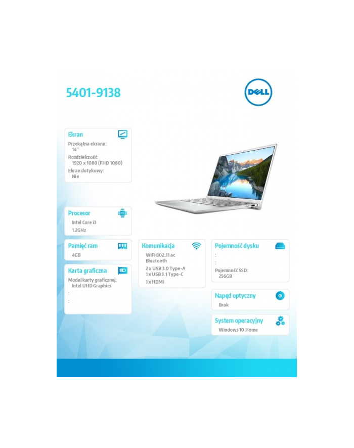 dell Notebook Inspiron 5401 Win10Home i3-1005G1/256/4/INT/Silver główny