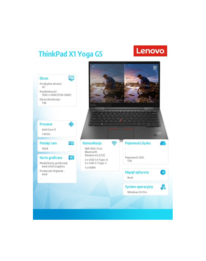 lenovo Ultrabook ThinkPad X1 Yoga G5 20UB0035PB W10Pro i7-10510U/16GB/1TB/INT/LTE/14.0 FHD/Touch/Gray/3YRS OS główny
