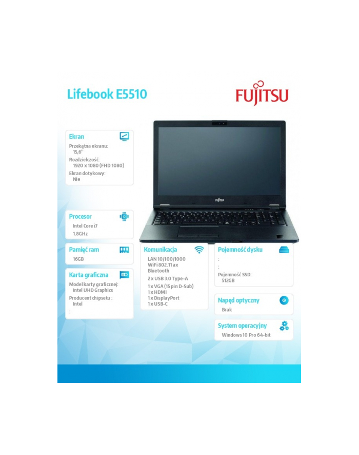 fujitsu Notebook Lifebook E5510/W10P/15, i7-10510U/16G/SSD512 M.2              PCK:E5510MC7IMPL główny