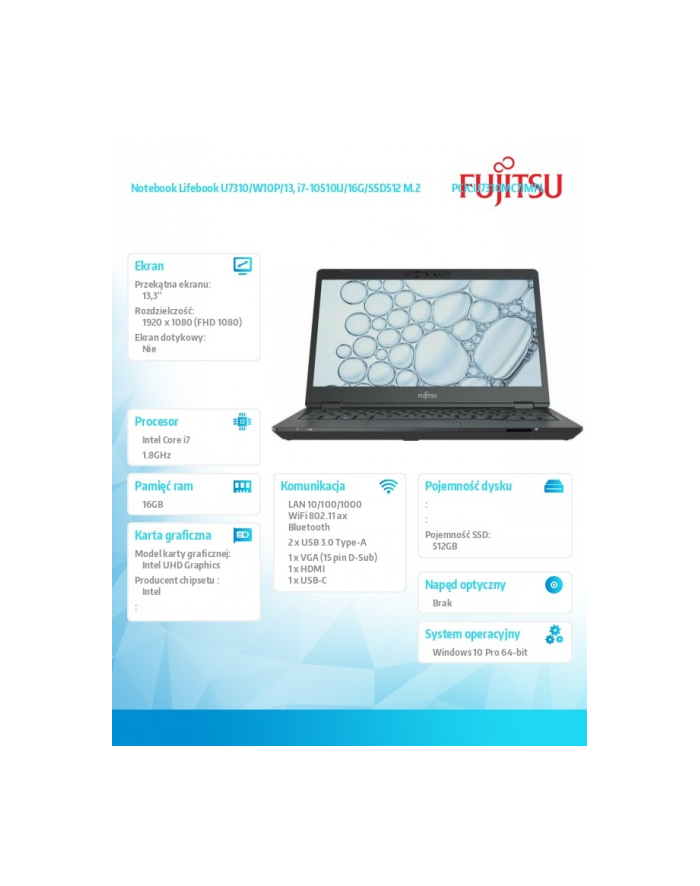 fujitsu Notebook Lifebook U7310/W10P/13, i7-10510U/16G/SSD512 M.2                PCK:U7310MC7JMPL główny