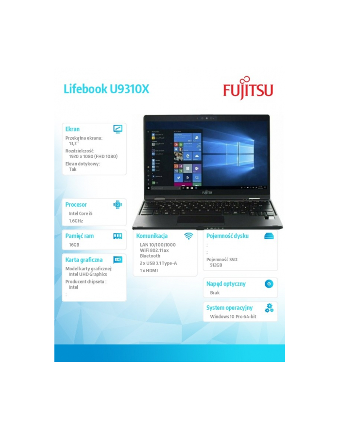fujitsu Notebook Lifebook U9310X/W10P/BLACK i5-10210U/16G/SSD512 M.2                 PCK:U931XMC5AMPL główny