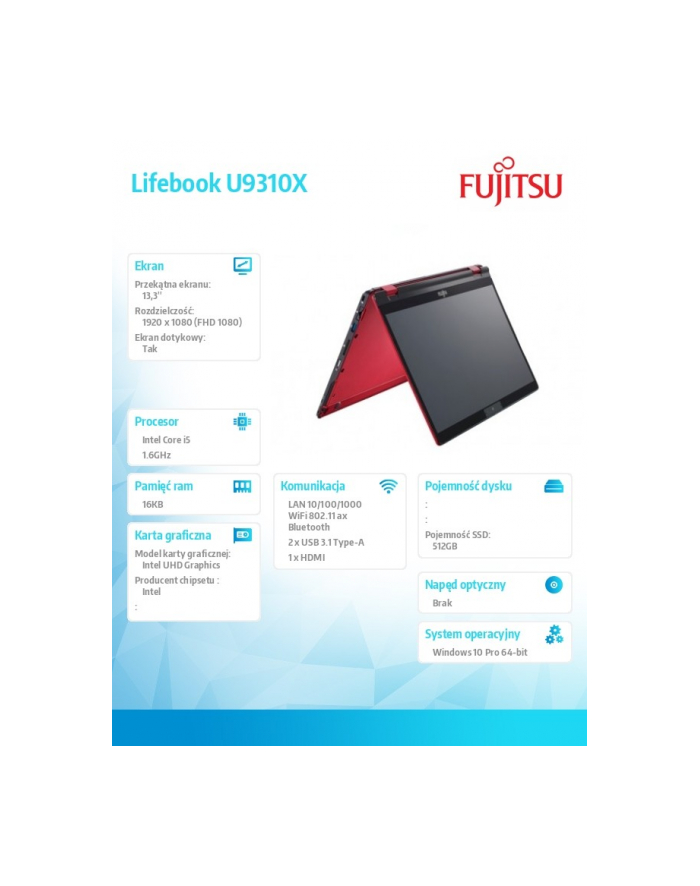 fujitsu Notebook Lifebook U9310X/W10P/Czerwony i5-10210U/16G/SSD512 M.2                   PCK:U931XMC5DMPL główny