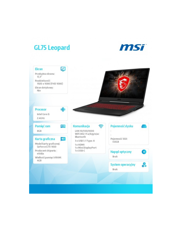 msi Notebook GL75 Leopard 9SCXR-040XPL nOS/i5-9300H/8GB/512SSD/GTX1650/17.3 FHD główny