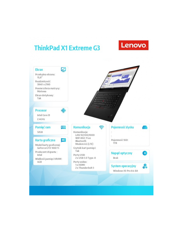 lenovo Ultrabook ThinkPad X1 Extreme G3 20TK000PPB W10Pro i9-10885H/32GB/1TB/GTX1650Ti 4GB/LTE/15.6 UHD/Touch główny